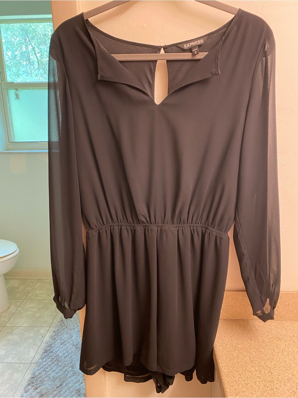 Express Black Long-Sleeve Keyhole Chiffon Romper